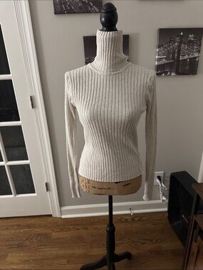 Anna Quan Cream Ribbed Turtleneck Sweater